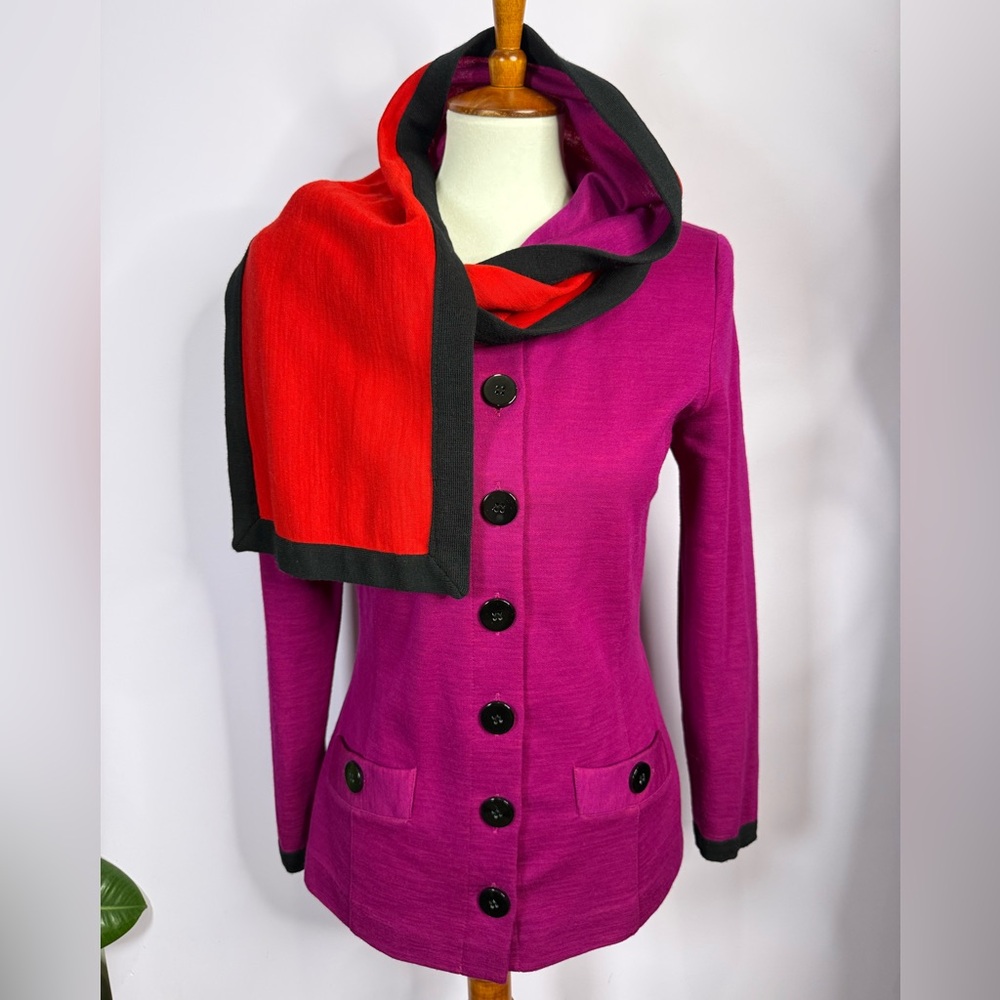 Vintage Adrienne Vittadini Purple & Red Button Up Top with Attached Scarf - Picture 4 of 7